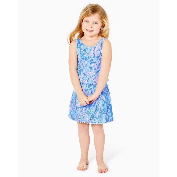 Lilly Pulitzer Girls Mini Jarrett Romper Ocean Animal Printed S 4-5 Yrs 278529